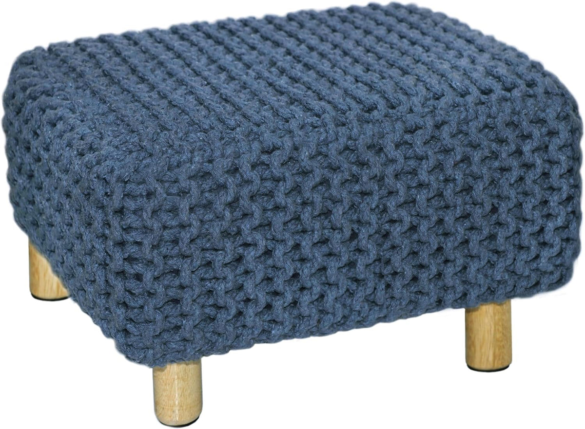 COTTON CRAFT Braided Footrest - Handknitted Dori Foot Stool with Sturdy Wood Legs – Handmade Boho Leg Rest - Small Spaces Under Desk Living Room Entryway Low Footstool Pouf - 16.5x12x9.5 - Blue