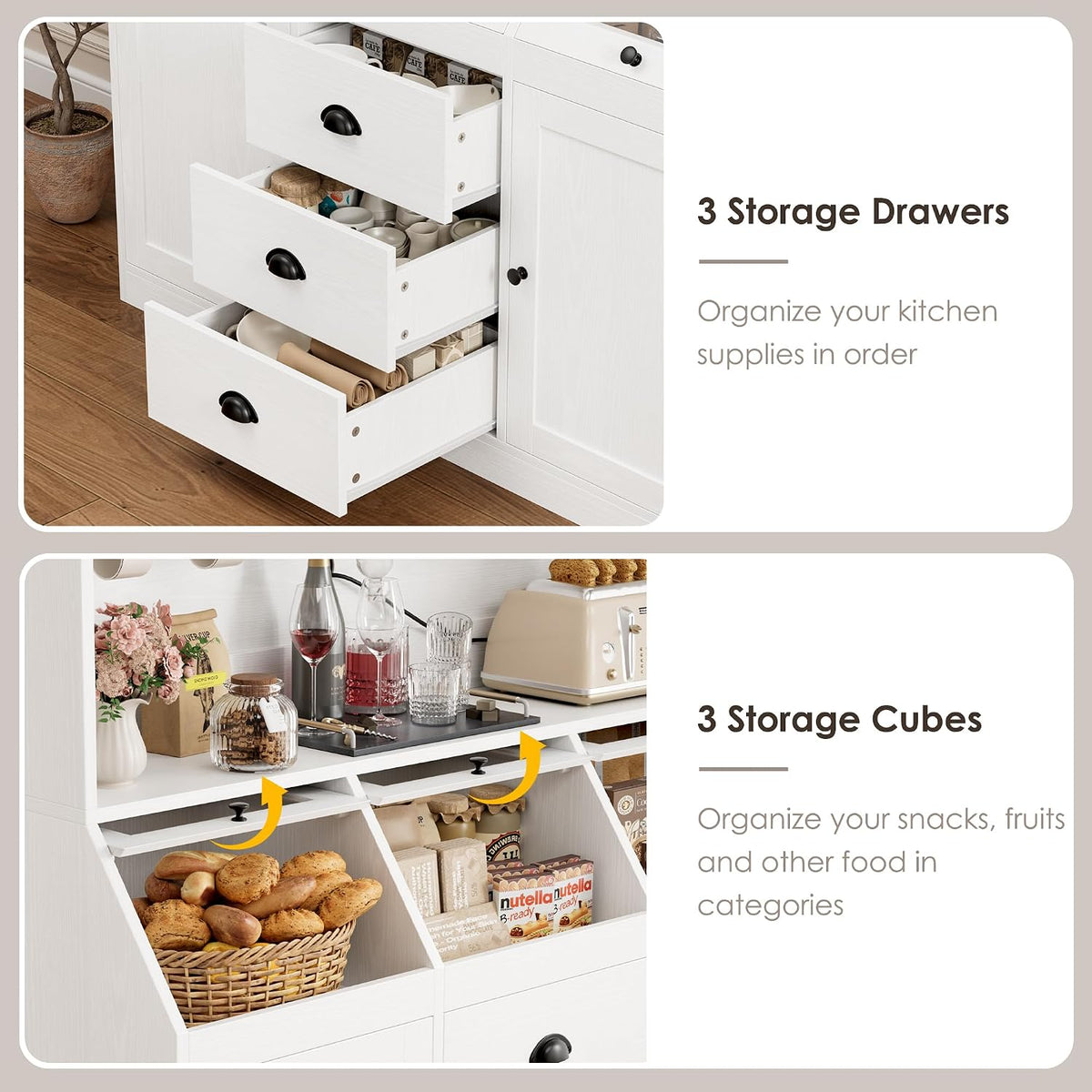 HIFIT 71.4” H Kitchen Hutch Pantry Cabinet with 3 Bread Boxes&7 Metal Hooks | Farmhouse Kitchen Hutch Cabinet with Storage and Glass Doors for Living Dining Room, Home Office, White