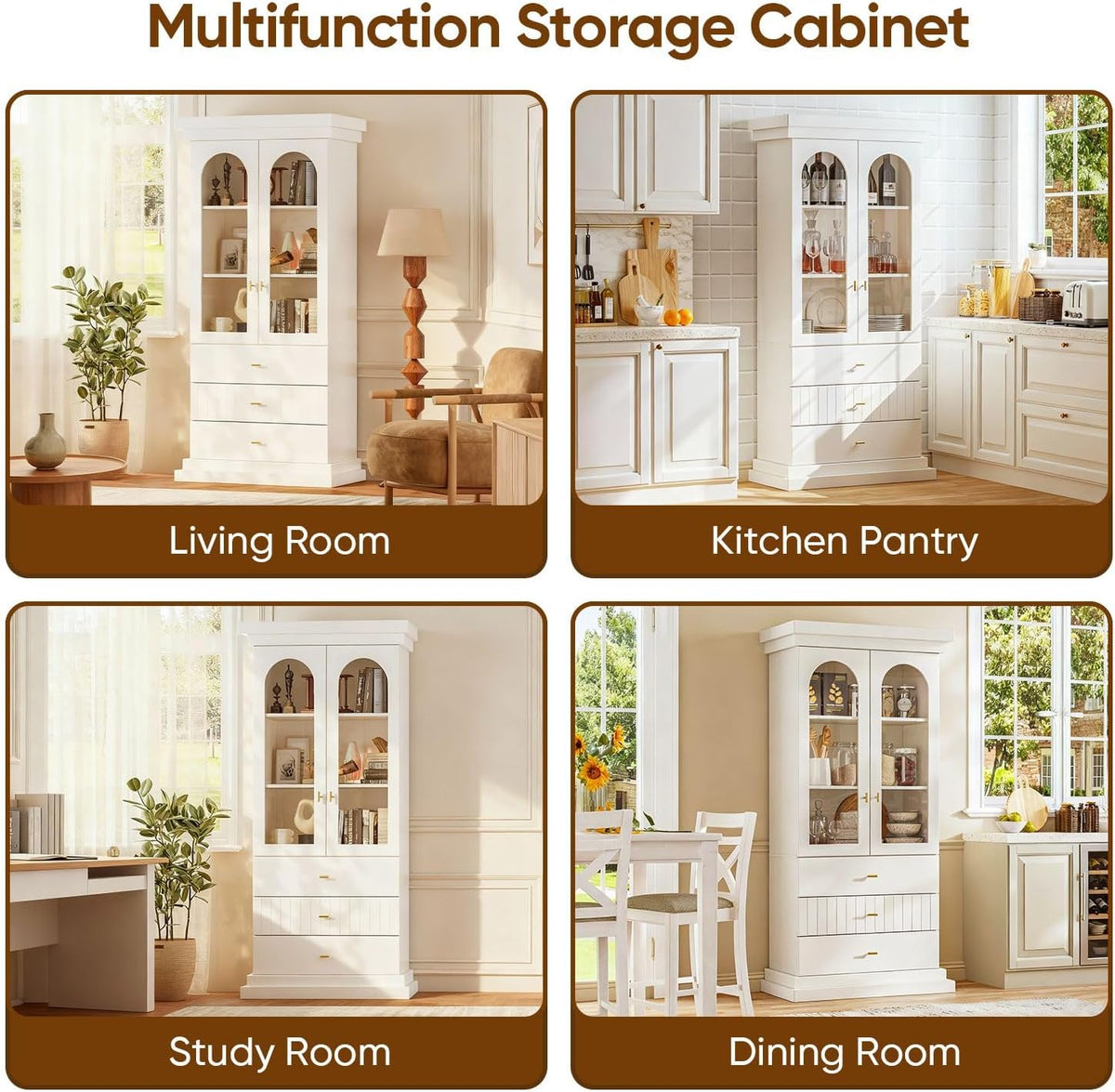 71" Arched Kitchen Modern Pantry Storage Cabinet, Tall Display Cabinet for Living Room and Dining Room with 1 Glass Door and 1 Open Shelf Cabinet with Drawers, White with Gold Handles, 2 of Set