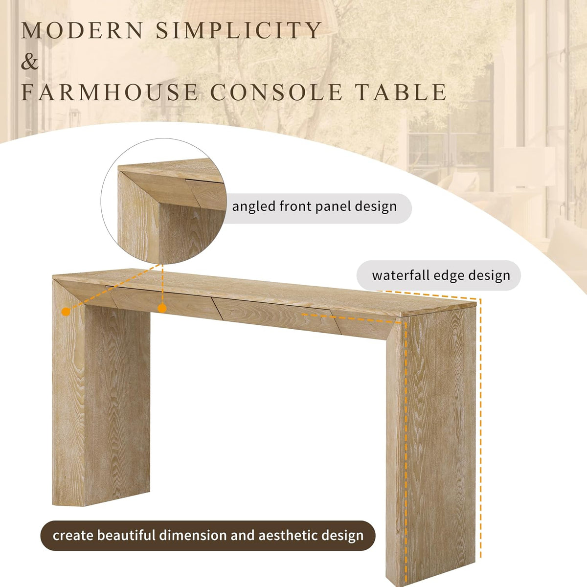Merax Modern Entryway Table with 2 Concealed Drawers, Natural | Long Farmhouse Console Table with Thickened Legs, Sofa Table Behind Couch, Waterfall Design, for Living Room Hallway