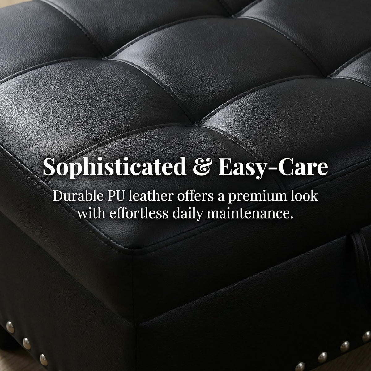 28.5 Inch Storage Ottoman Bench with Hidden Storage, PU Leather Upholstered Foot Rest Stool, Tufted End of Bed Bench for Bedroom Living Room, Easy to Clean, Black