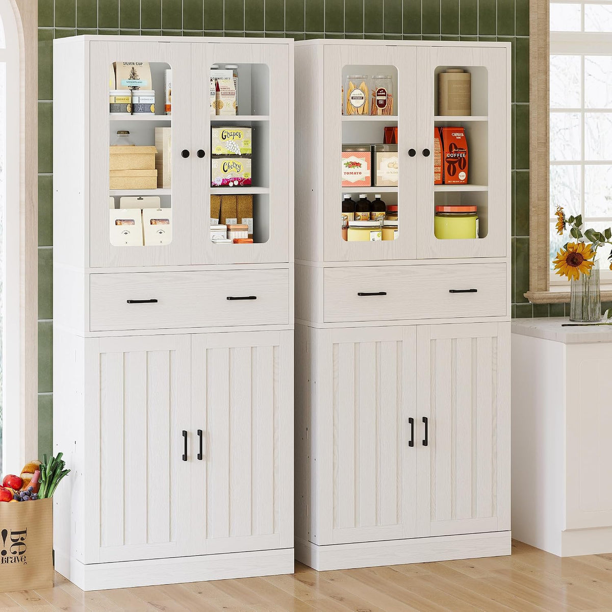 IRONCK 74.8" Tall Kitchen Pantry, Storage Cabinet with LED Lights, Kitchen Cabinet with Acrylic Glass Door, Drawer and Adjustable Shelves, for Dining Room, White