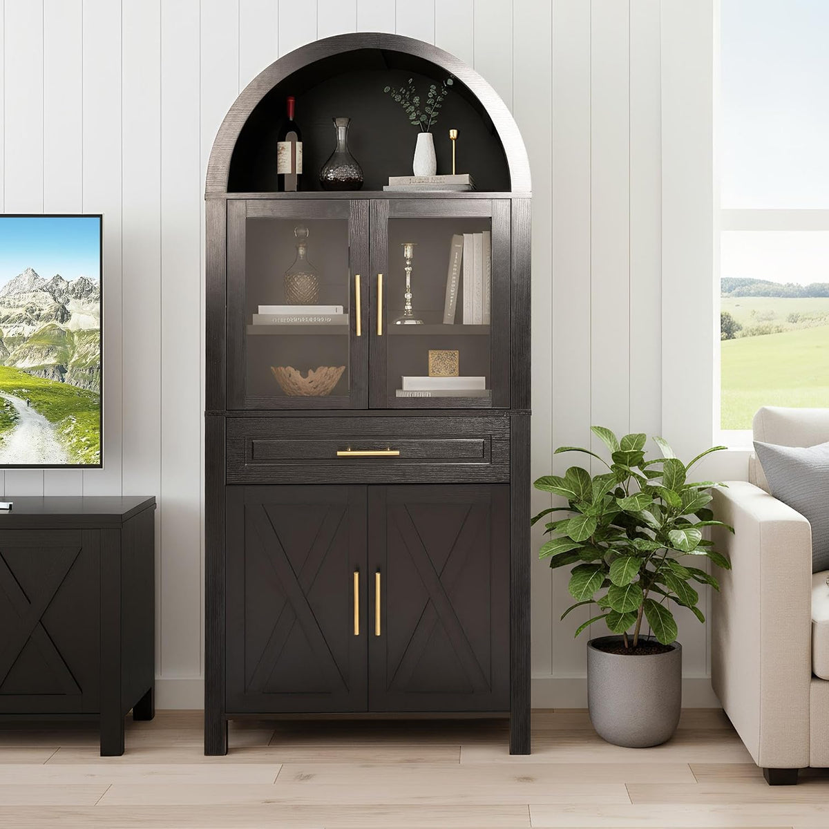 71" Tall Farmhouse Pantry Cabinet, Arched Glass Door Kitchen Storage Cabinet with Barn Door Design, Freestanding Buffet Cabinet with Adjustable Shelves for Kitchen,Living Room,Dining Room,Black