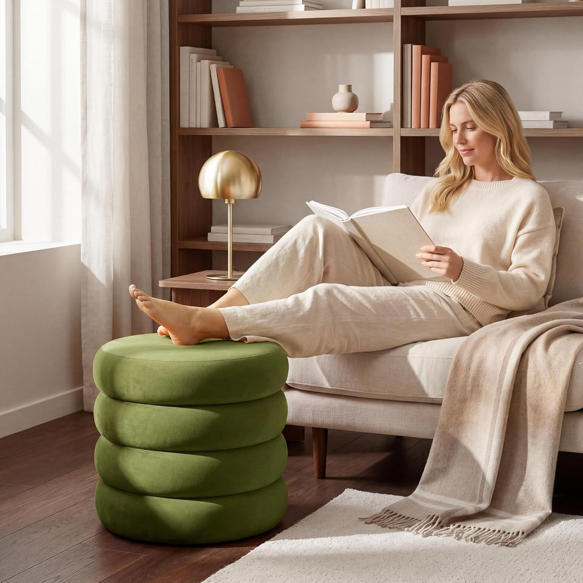 Velvet Storage Ottoman Set of 2, Compact Round Tufted Pair with Removable Lids for Lounge, Dorm and Entryway, Olive Green