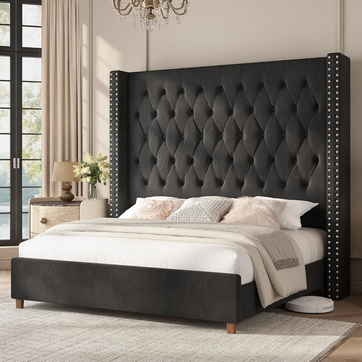 PaPaJet King Bed Frame 61.4" Tall Upholstered Wingback Headboard, Black