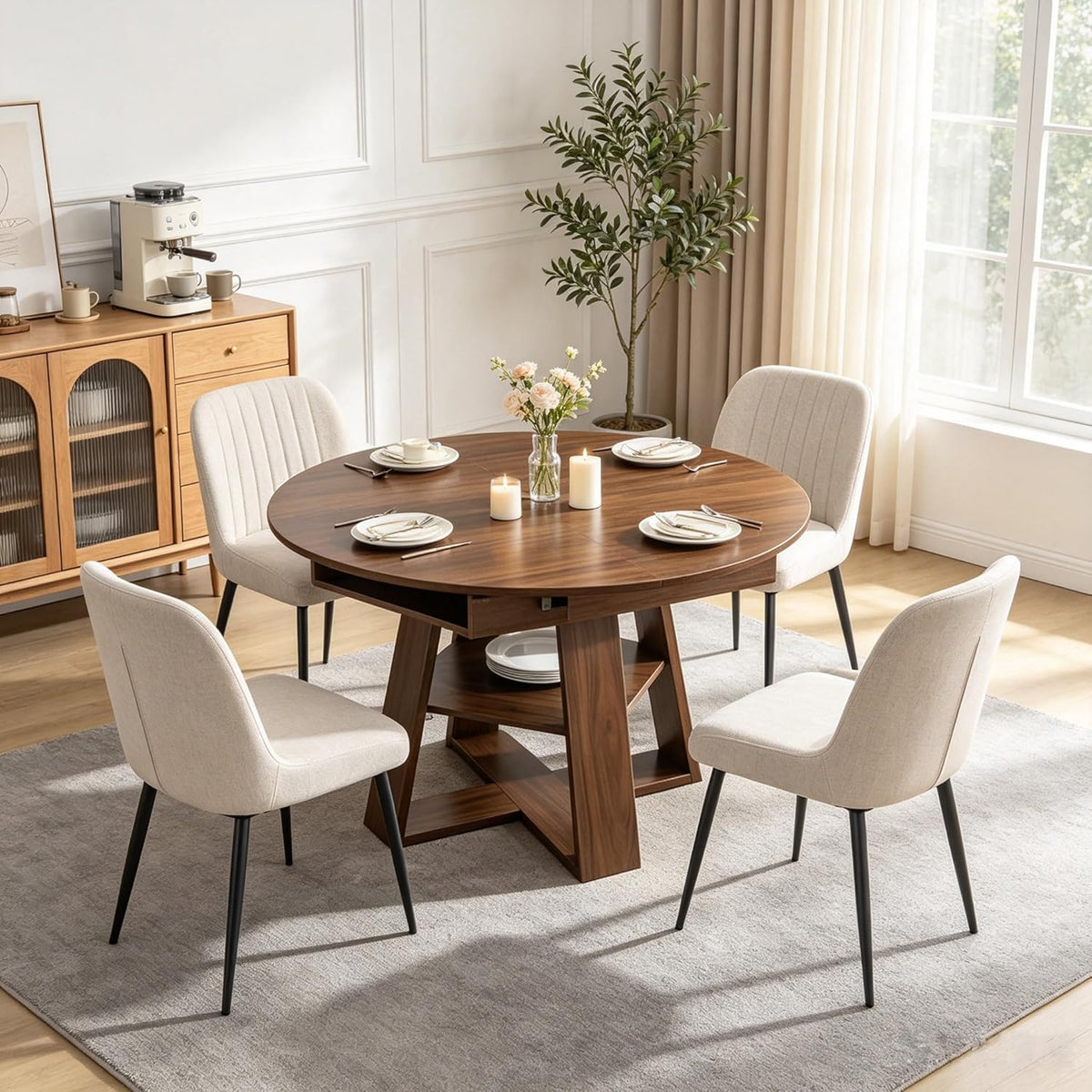 43"-59" Extendable Round to Oval Wooden Dining Table | 1.2" Thick MDF Tabletop,20" Storage Shelf,Smooth Silent Glides,Small Spaces Apartment Kitchen Dining Room,Walnut