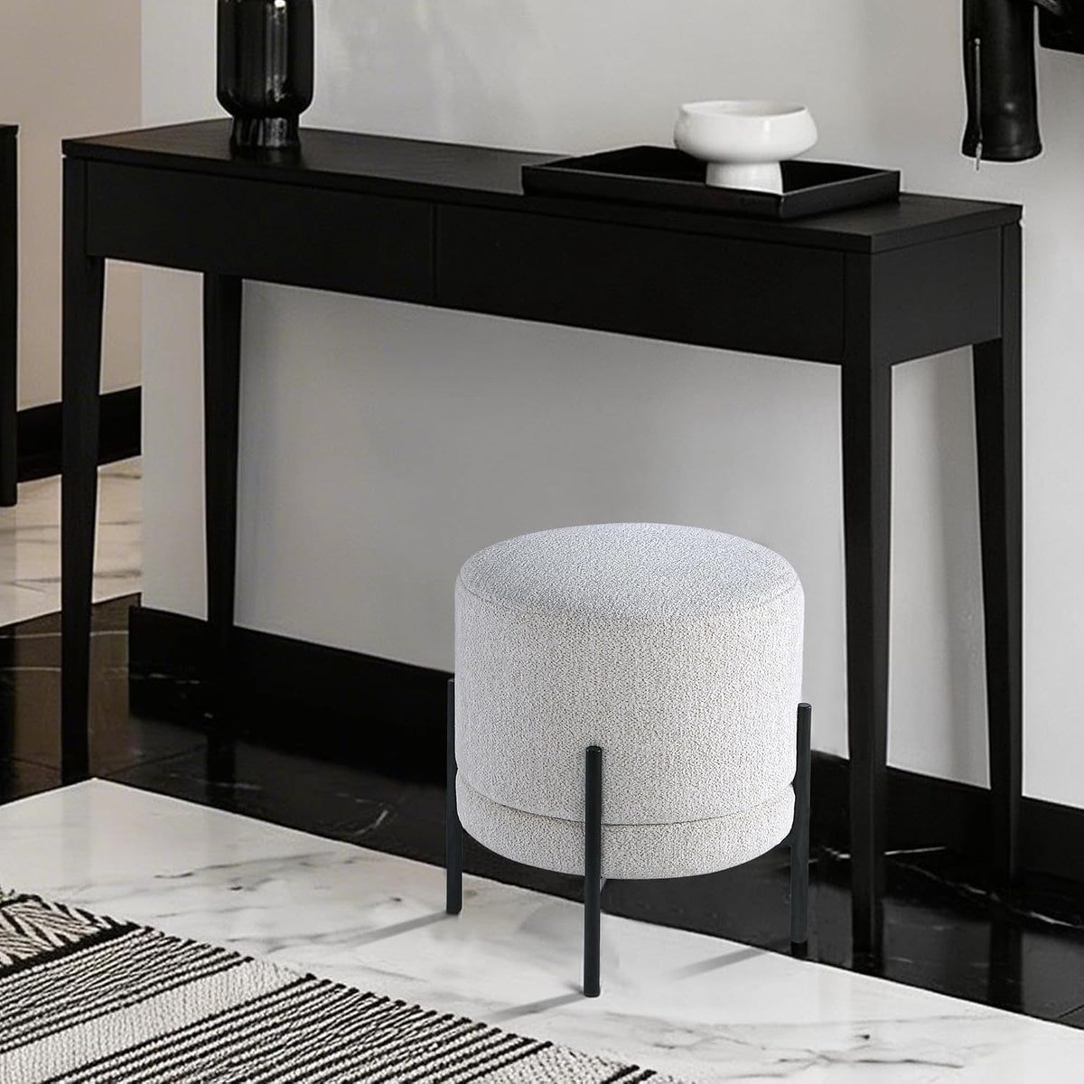 Get Set Style Multifunctional Ottoman with Side Table, Soft Round Footrest Stool,Vanity Stool with Metal Legs, Modern Decorative Furniture Vanity Chair for Makeup Room, Bedroom, Living Room