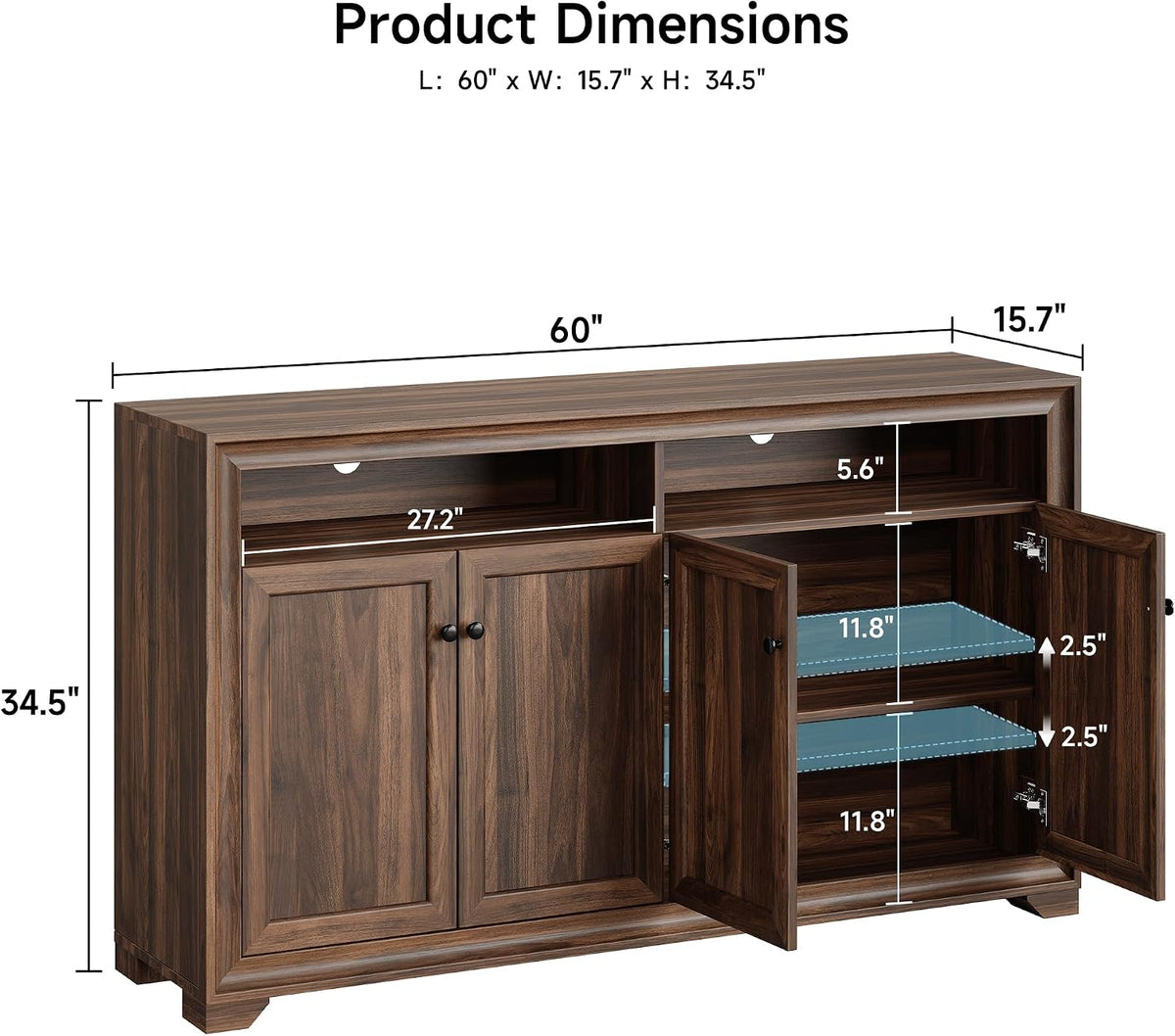 ONBRILL 60 Inches Sideboard Buffet Cabinet with Storage, 4 Doors Large Sideboard, Kitchen Cabinet with Open Shelf & Adjustable Shelf, Kitchen Coffee Bar Console Table for Living Room, Hallway, Brown