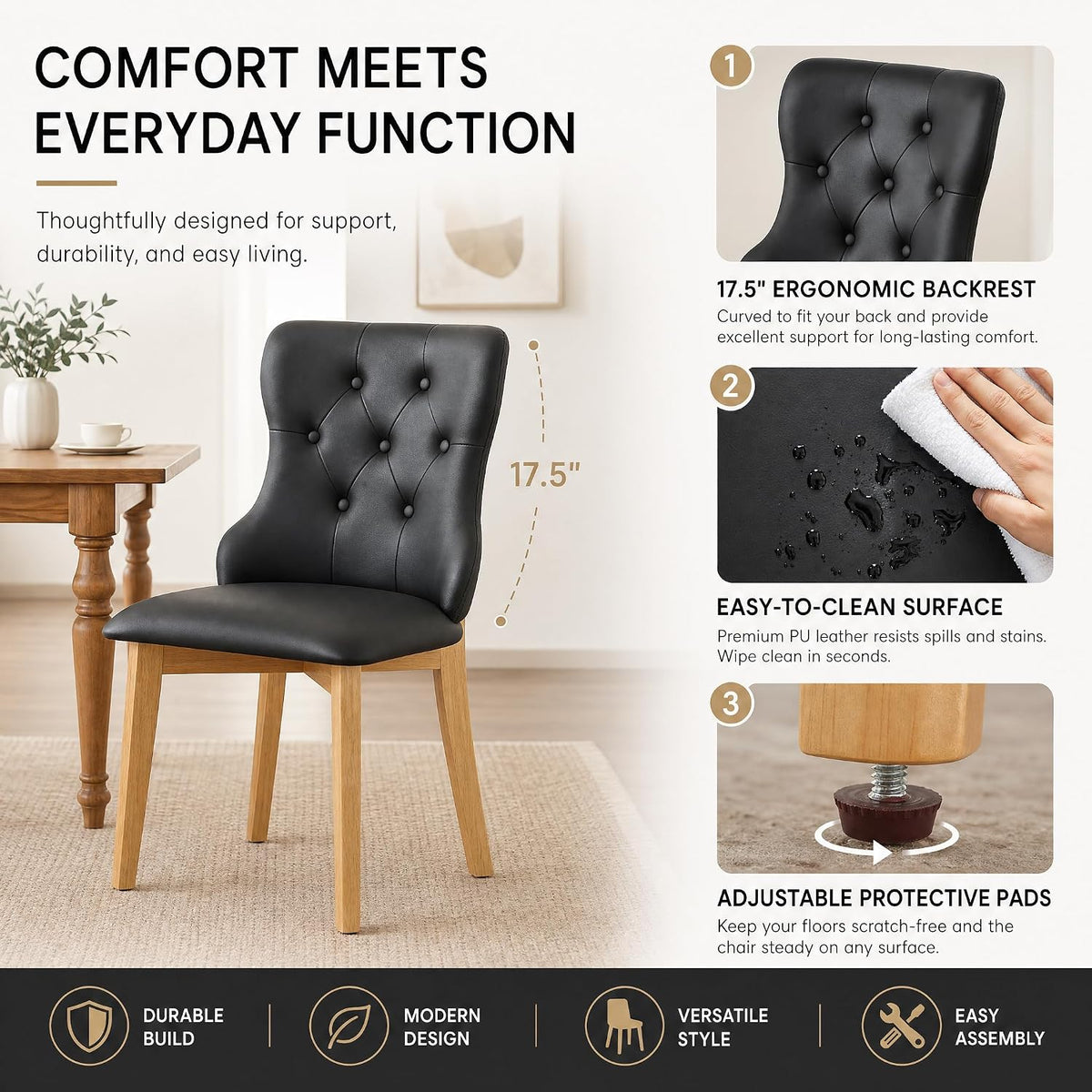 Mid Century Modern Dining Chairs Set of 4 PU Leather Dining Room Chairs High Back Dining Chairs Set for Kitchen, Living Room, Restaurant (Black)