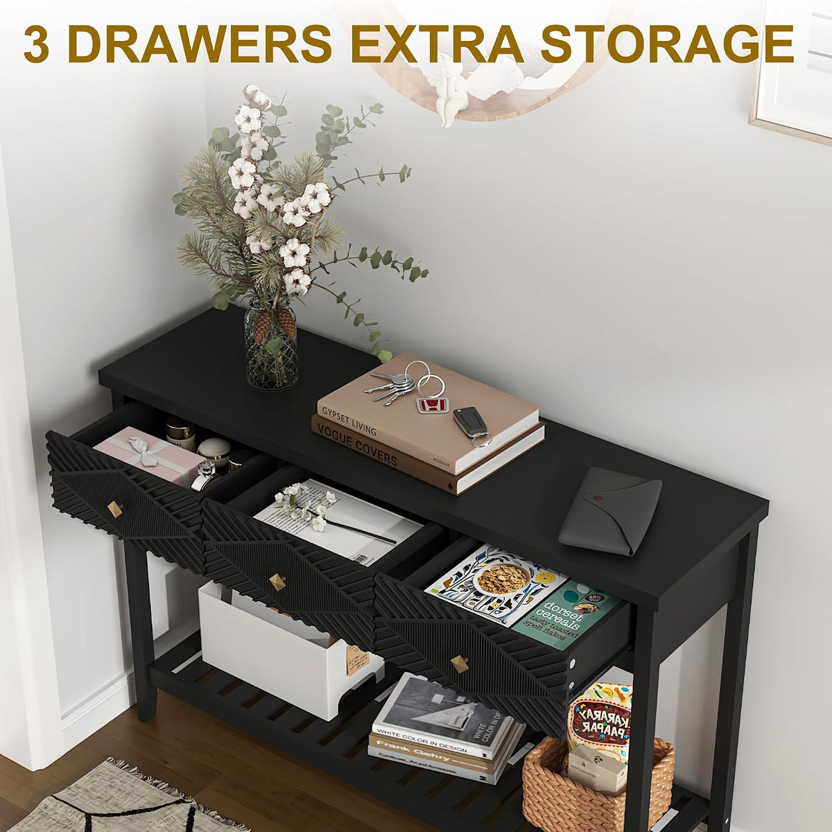 47" Console Table with 3 Drawers, Fluted Wood Entryway Table with Storage Shelf, Narrow Long Sofa Table Modern Behind Couch Accent Table for Living Room, Entryway, Hallway, Foyer