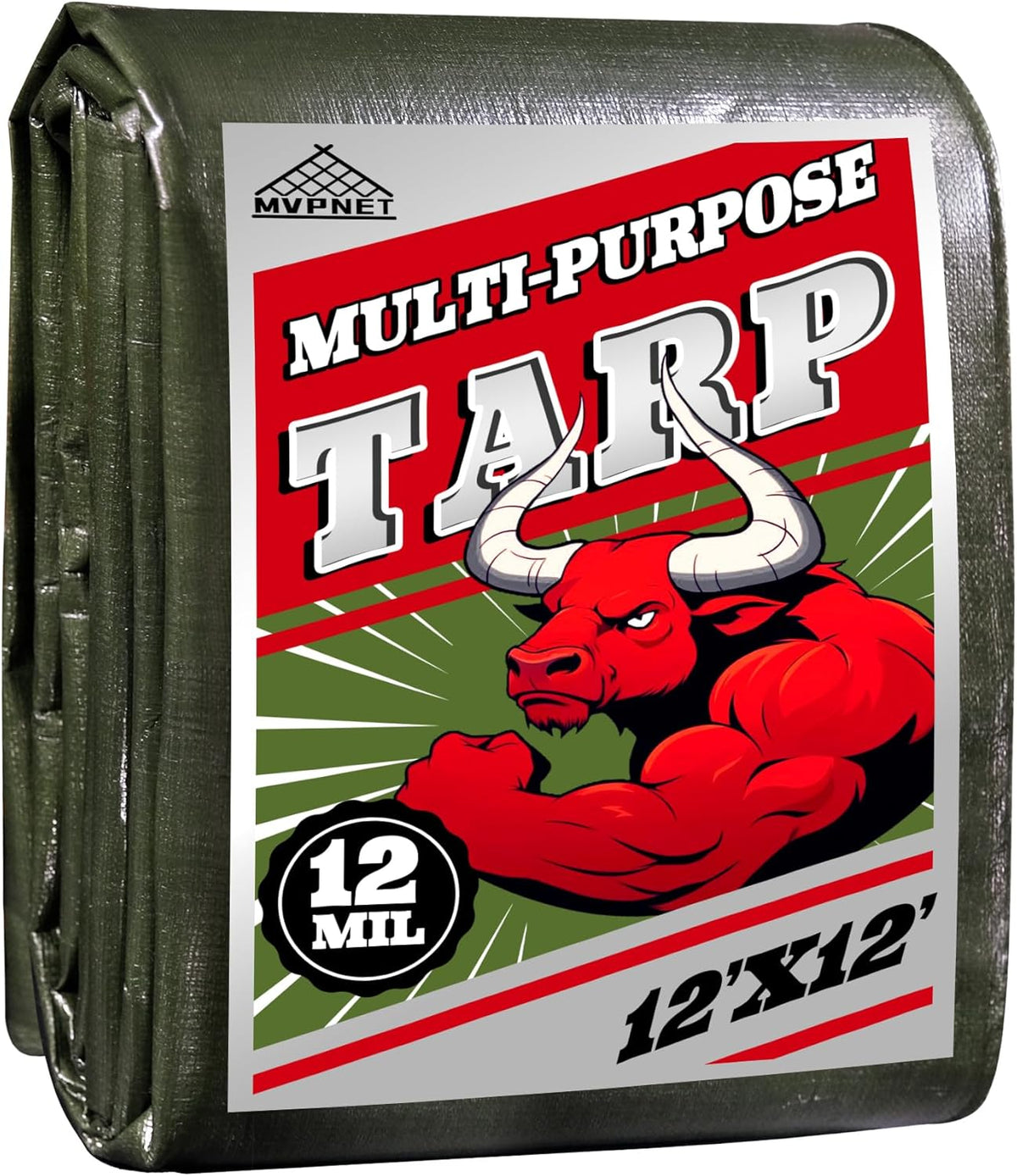 Green/Silver Heavy Duty Waterproof Tarp 12x12FT, 12mil Thick，Multifunctional tarp Whit Tear&Fade Resistant,UV Resistant,with Grommets and Reinforced Edges.