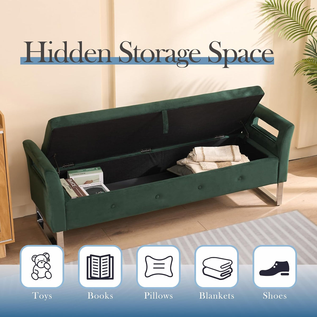 Aoiy & Wifon 67.91" W King Size Bench for End of Bed, Upholstered End of Bed Storage Bench with Metal Legs for Bedroom, Velvet (Green)