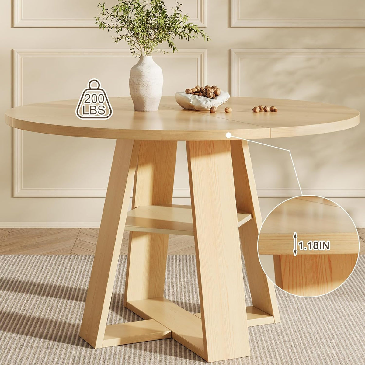 47.2" Round Dining Table for 4-6, Circle Kitchen Table with Open Storage Shelf, Farmhouse Dinner Table with Cross Pedestal Base for Dining Room, Kitchen, Living Room, Burlywood