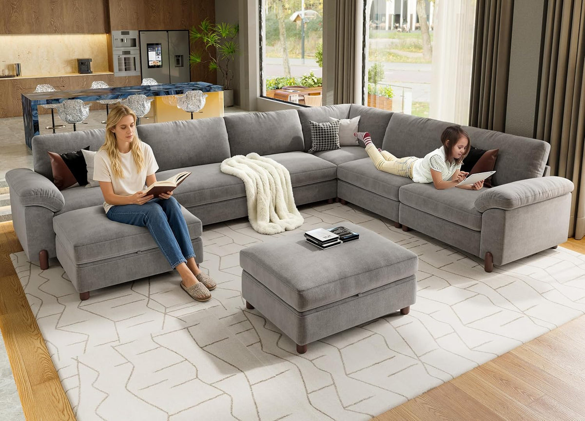 SITJOY Cloud Couch Sectional, 6 Seater V-Shaped, Chenille in Light Gray | Detachable and Washable Cover, Sectional Sofas for Living Room, Deep Seat Wide Couch with Chaise, Storage Ottoman