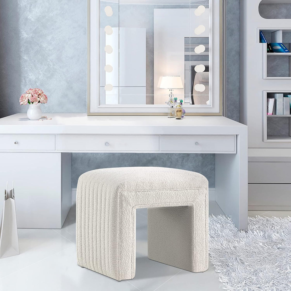 Get Set Style Vanity Stool Chair, Fully Assembled Modern Boucle Ottoman Footstool with Wooden Legs, Multifunctional Upholstered Sofa Bench Extra Seat for Makeup Room Living Room Entryway Office, White