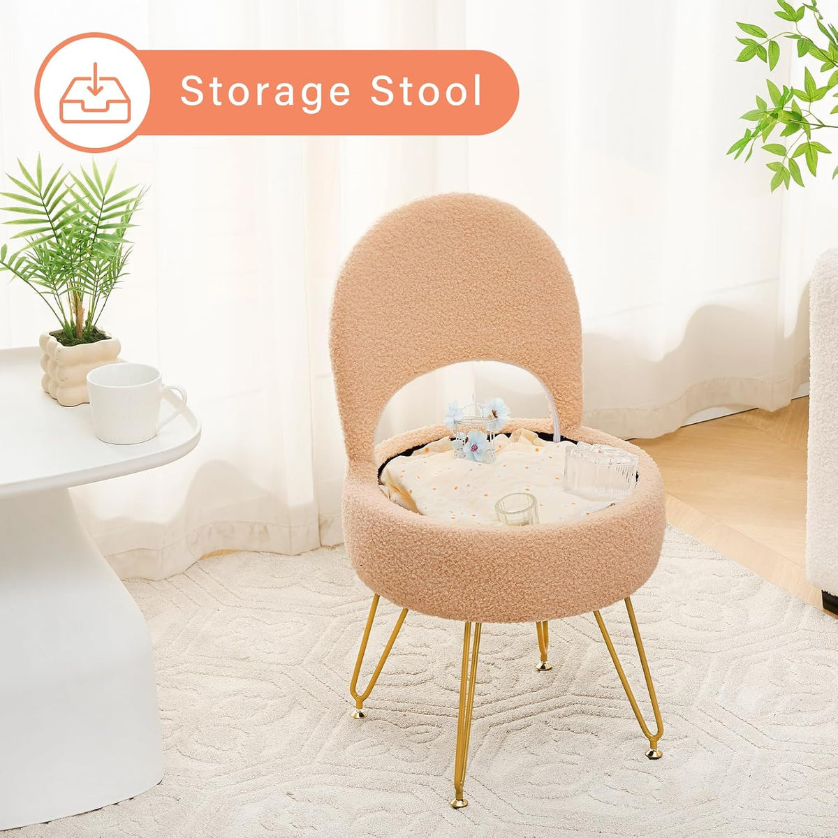 Vanity Stool Chair with Storage and Folding Back, Round Ottoman, Multifunctional Upholstered Makeup Chair, 4 Metal Legs with Anti-Slip Feet for Bedroom Living Room Entryway