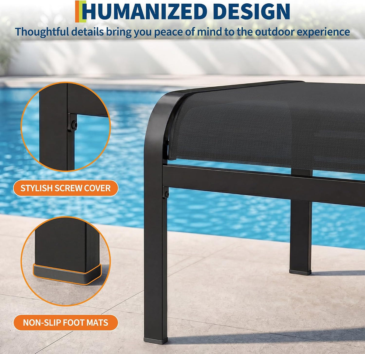Outdoor Ottoman Set of 2, Ottoman Foot Rest with Textile Fabric, Metal Frame, No-Slip Feet, Stackable Stools for Patio Garden Pool, Black