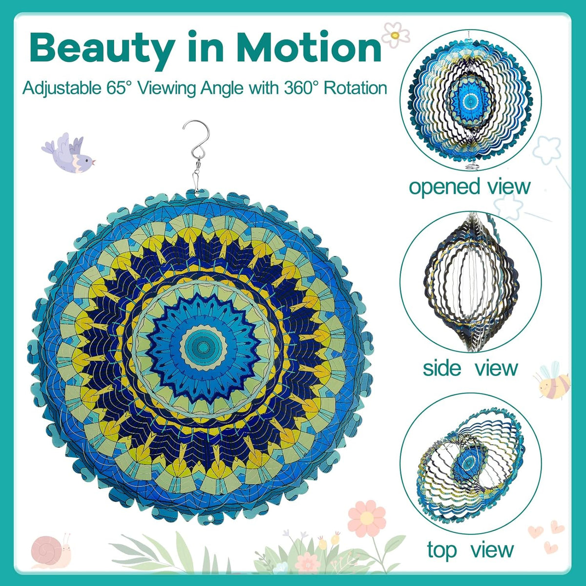 12 Inch Mandala Wind Spinners with Gazing Ball Spiral Tail, Outdoor 3D Stainless Steel Hanging Spinner Mandala Wind Catchers Sculpture for Indoor Outdoor Garden Yard Decoration(Blossom)