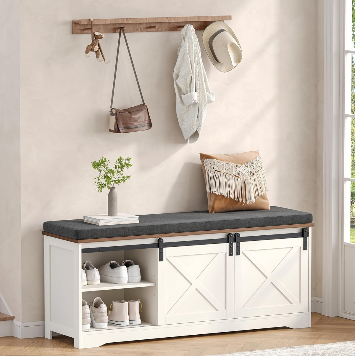 Farmhouse Storage Bench with Cushion, 47.2" Shoe Bench with Slide Barn Doors and Adjustable Shelves, Entryway Bench with Storage for Bedroom, Closet, Living Room, Hallway, White