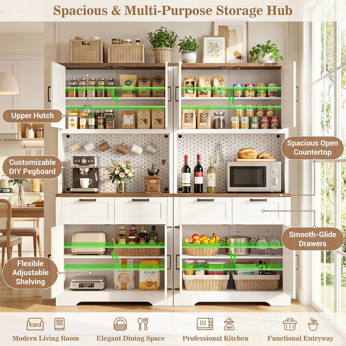 Unikito 71" Tall Kitchen Pantry Cabinet with Microwave Countertop, 63" Wide Pantry Storage Cabinet with Charging Station & LED Lights,Large Kitchen Hutch Cabinet with Drawers for Dining Room, White