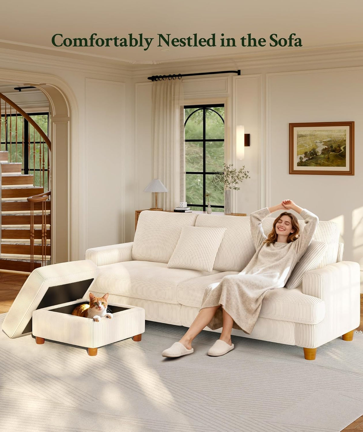 Welzona 87.2" Couches for Living Room, Comfy Beige Couch 7.5" Extra Thick Cushion, Sofas for Living Room Tool-Free Setup, Loveseat Sofa 848lbs Support, Corduroy Couch for Bedroom, Apartment, Office