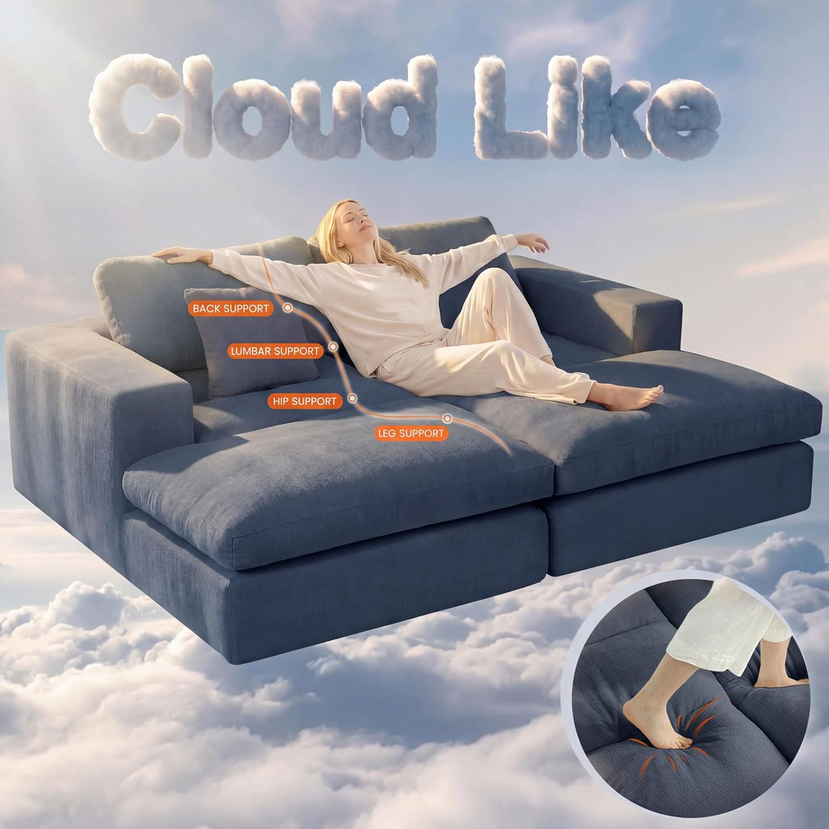 Oversized Double Chaise Lounge Chair, Cloud Sofa Bed, Blue | 59" Deep Seat Couch, Modular Oversized Loveseat, Soft Cloud Sofa, 4 Pillows, 10" Wider Armrests, Chaise Lounge Chair Indoor