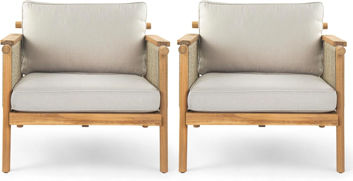 Merax Outdoor Acacia Wood Lounge Chair w/Cushions Set of 2, Patio Club Chair with Rope & Sturdy Wood Legs, All-Wearther Singe Sofa Chair for Porch, Lawn, Backyard, Balcony, Teak+ Beige