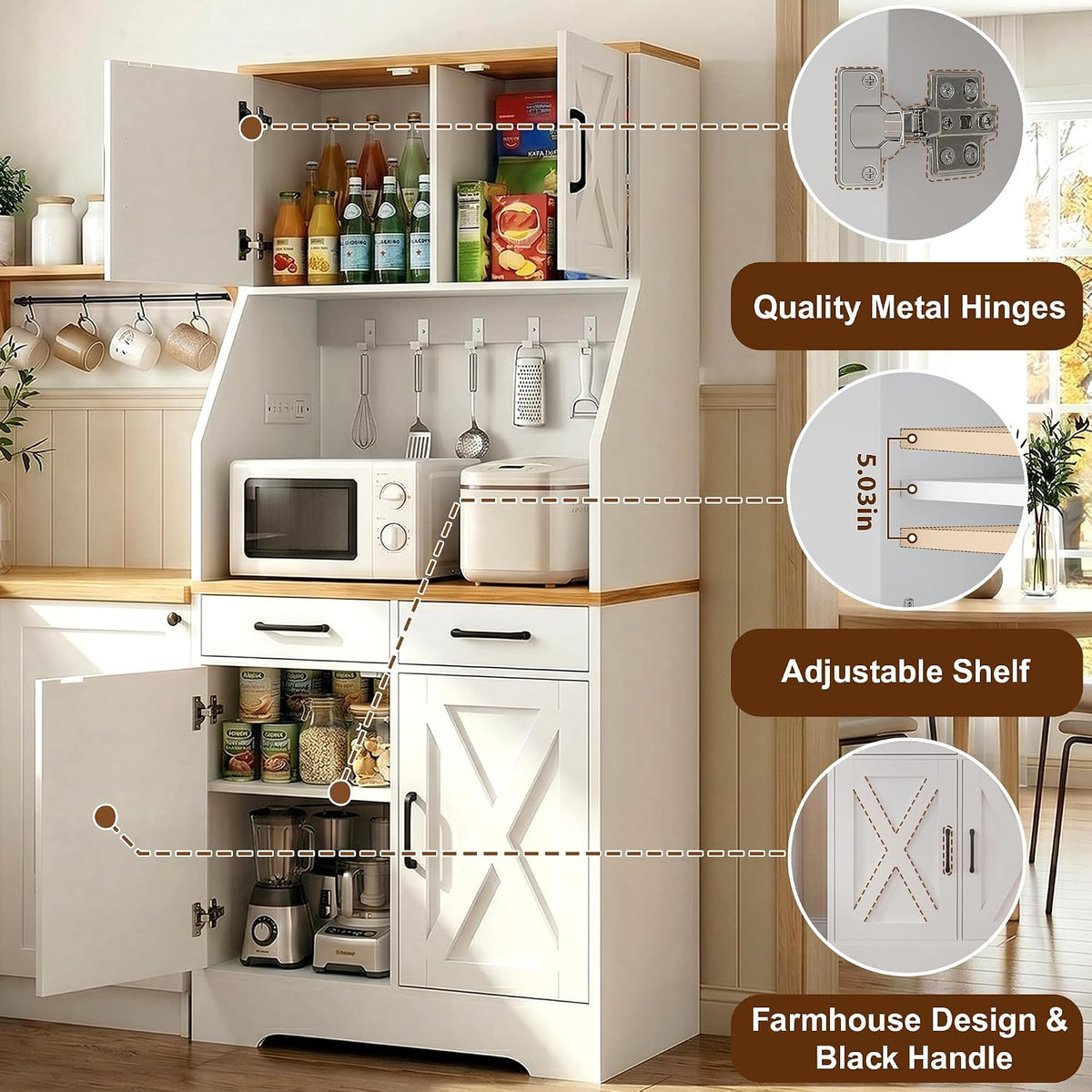 DreamDashio 73" Tall Pantry Cabinet with Charging Station & LED Light, Kitchen Pantry Storage Cabinet with Microwave Stand, Farmhouse Kitchen Hutch with 2 Storage Drawers and 6 Hooks for Dining Room