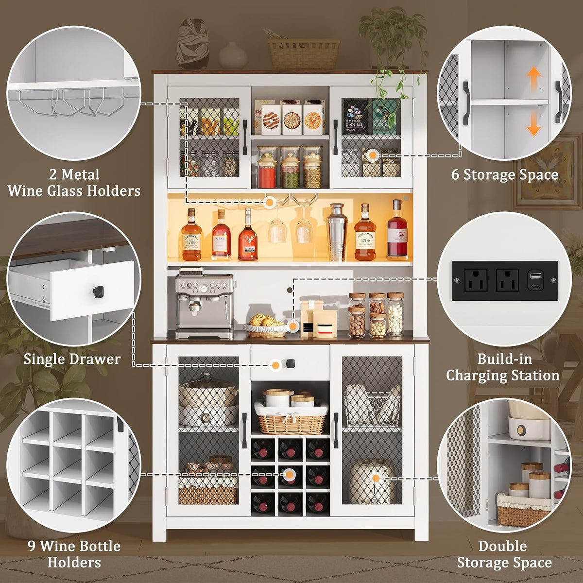 Homy Casa 71" Tall Pantry Cabinet with Hutch 47.1" Wide Buffet Sideboard with Wine Rack Glass Holders Drawer LED Lights and Charging Station for Kitchen Dining Room and Living Room