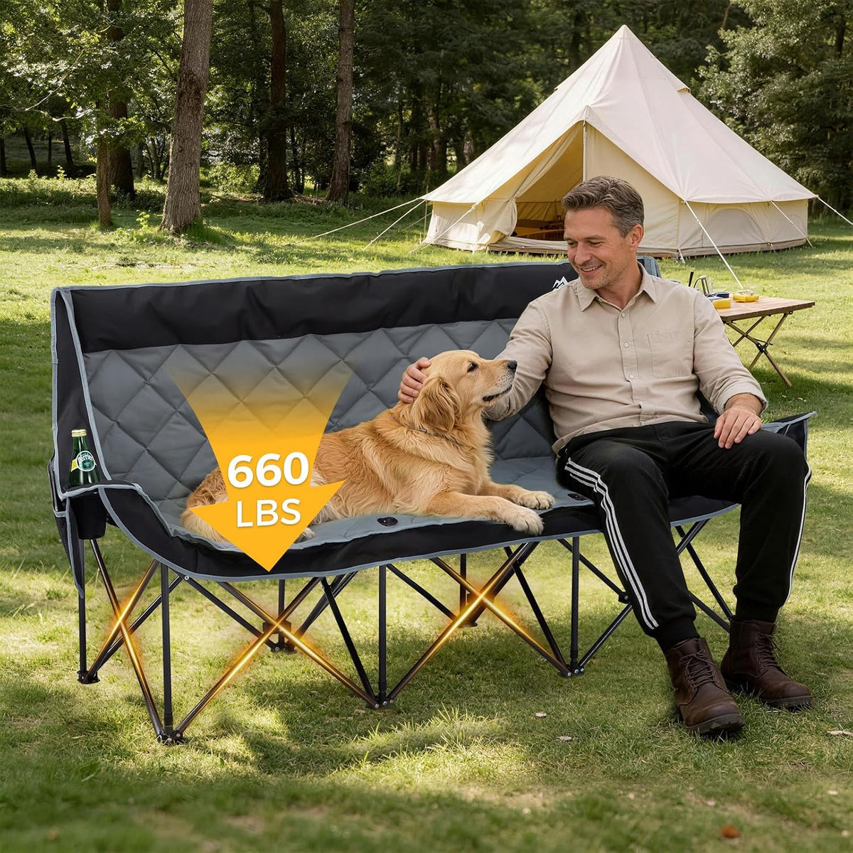 Padded 3 Person Camping Chair Oversized Camping Couch, Heavy Duty Folding Double Camping Chair, Extra Wide Camping Loveseat with Cup Holder & Side Pockets for Camping & Lawn, Supports 660LBS Black