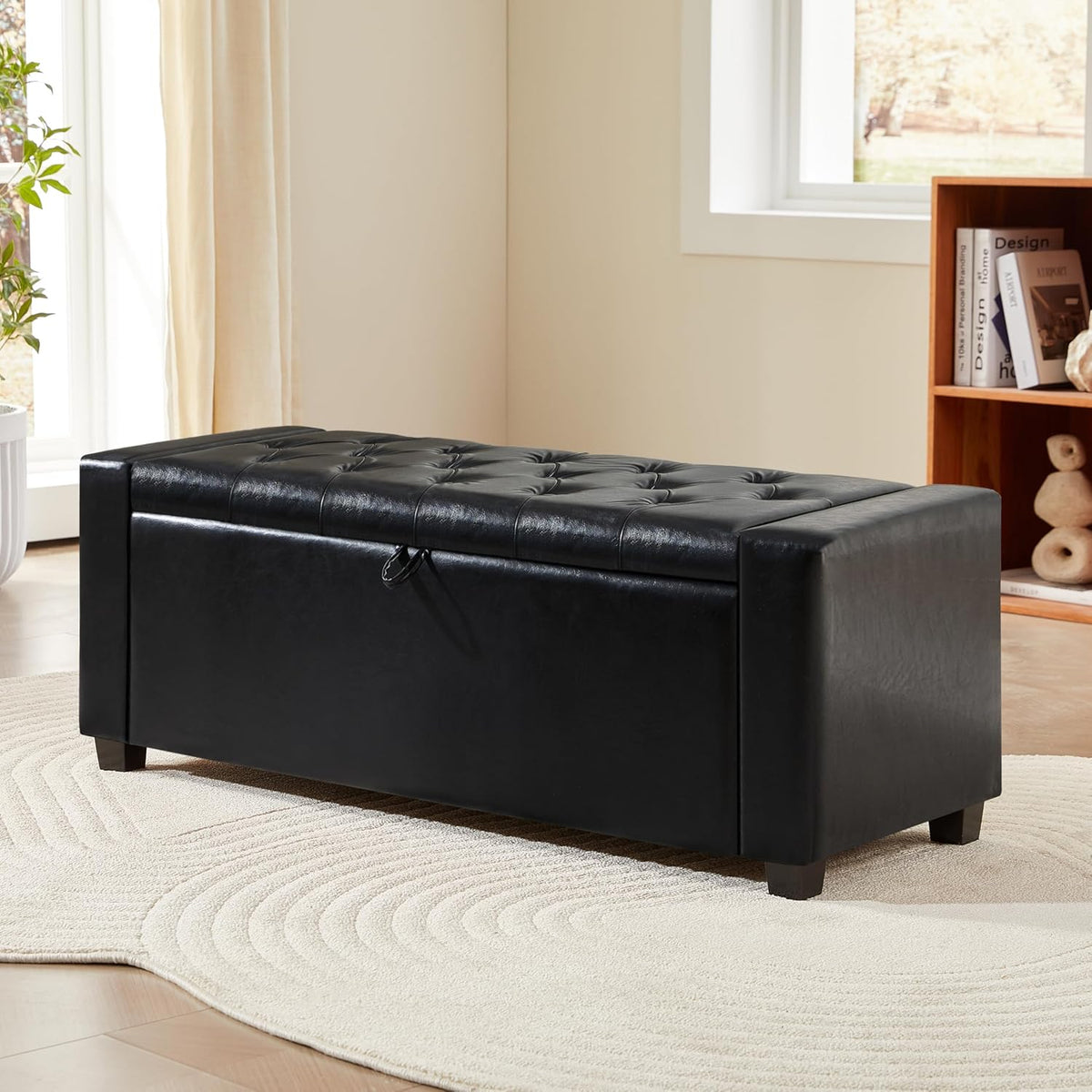 Royal Windsor Ottoman with Storage,Tufted Storage Bench with Safety Hinge,Holds up to 350 lb,Upholstered Bench with Seating for Bedroom, Living Room,Entryway,Leather Black