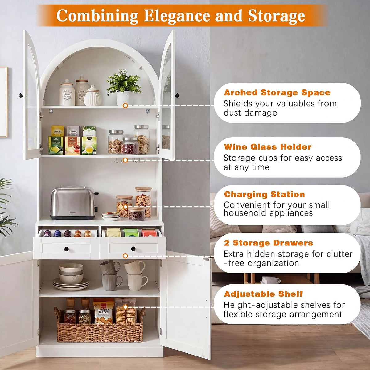75" Farmhouse Tall Arched Pantry Cabinet with Charging Station, White | Adjustable Shelves, Open Countertop, Barn Door Lower Cabinet, Tempered Glass Display – Versatile Storage for Kitchen