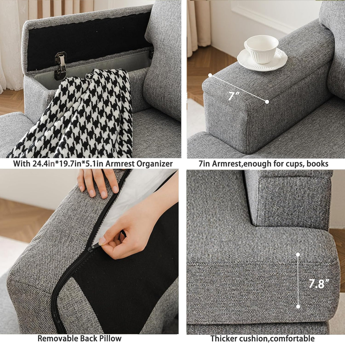 Oversized Accent Chair with Armrest Organizer,Comfy Living Room Chairs with Thick Cushion,Upholstered Armchair with Storage,Big Reading Chair,Sofa Chair for Bedroom,Linen,Dark Gray