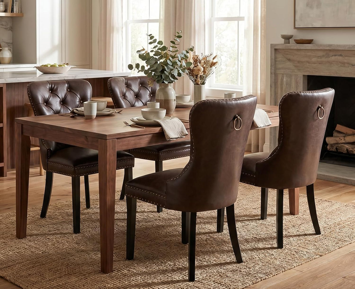 EALSON Modern Dining Chairs Set of 2 Mid Century Leather Dining Room Chairs with Wood Legs Tufted Upholstered Kitchen Side Chairs with Nail Head Trim for Dining Room/Living Room, Coffee with Ring