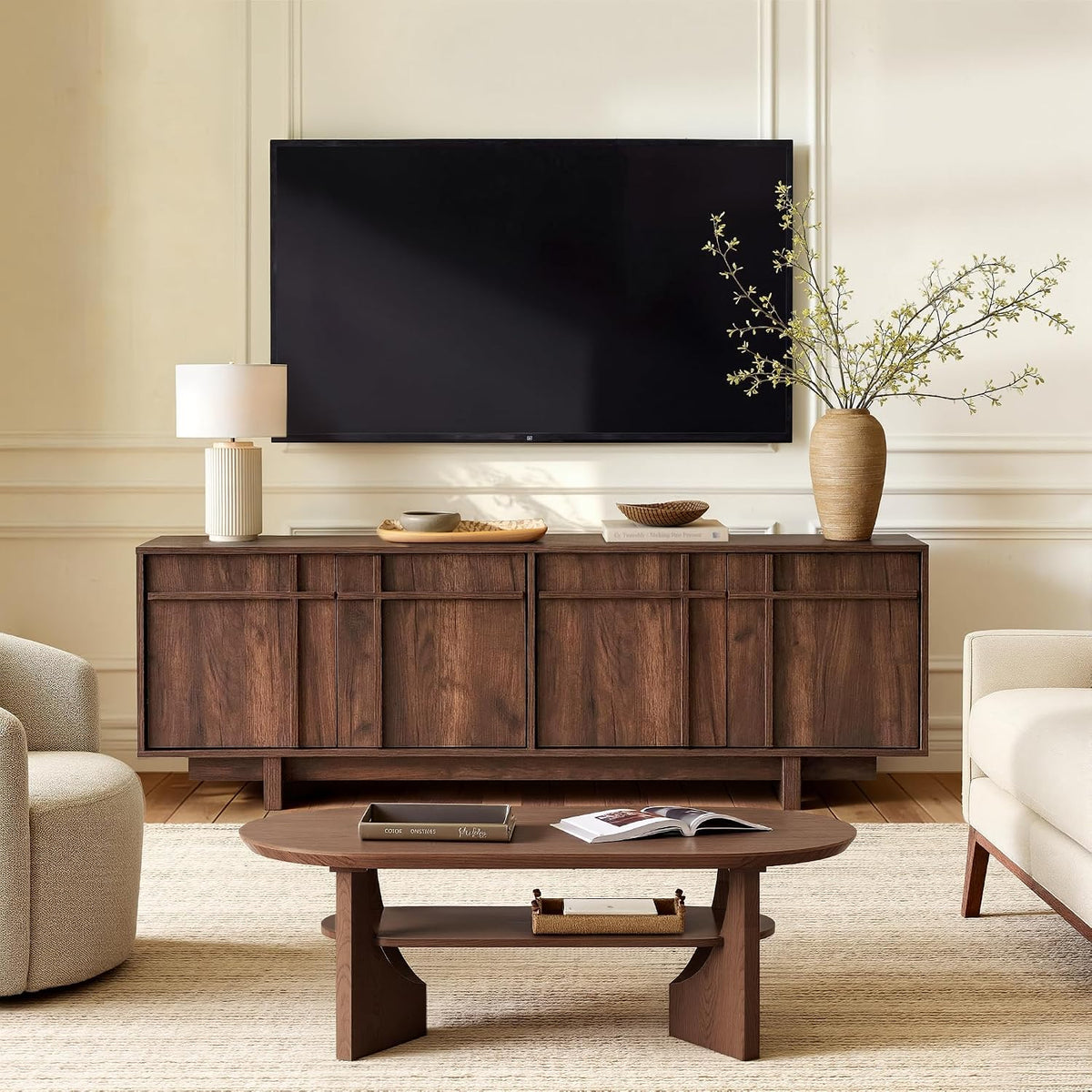 65.6" Mid Century Modern TV Stand for 75 Inch TV, Walnut | Media Console Cabinet with Storage, Skeletal Lines Design, Wood Grain Finish, Entertainment Center for Living Room, Bedroom
