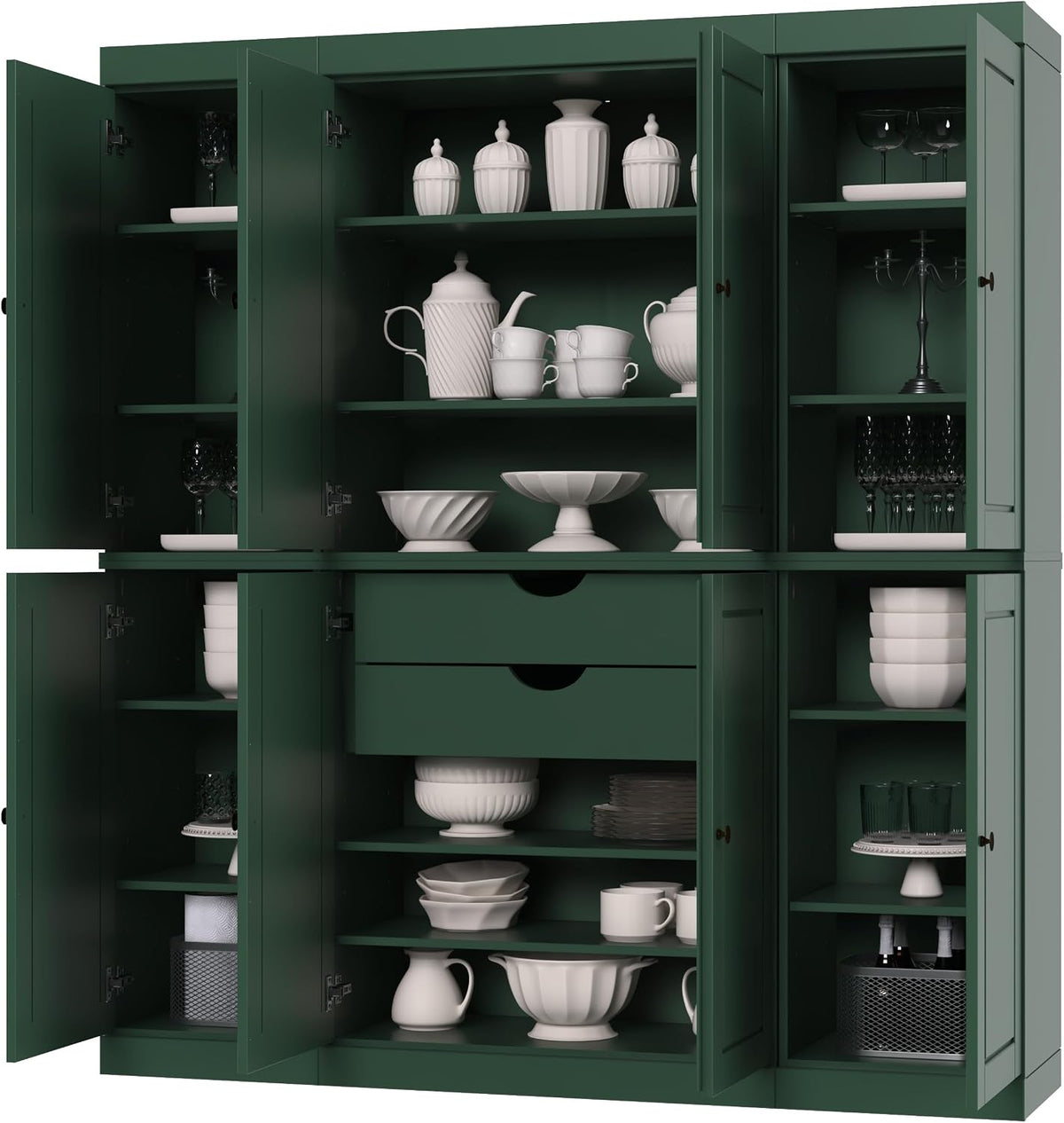 Palace Imports Solid Wood Storage Cabinet - 71.5" Tall, 65" Wide Freestanding Kitchen Pantry with 2-Drawer Kit & Adjustable Shelves – Green, Renewable Eco-Friendly 100% Wood, Made in Brazil
