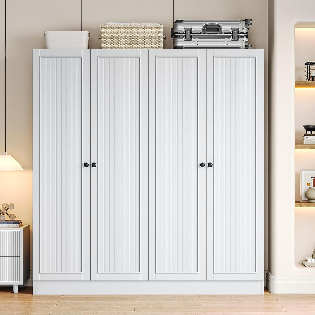 iPormis 4 Doors Armoire Wardrobe Closet with 2 Drawers, 63" Large Wardrobe Cabinet with Removable Hanging Rods and Adjustable Shelves, Closet Storage Cabinet for Bedroom, Cloak Room, White