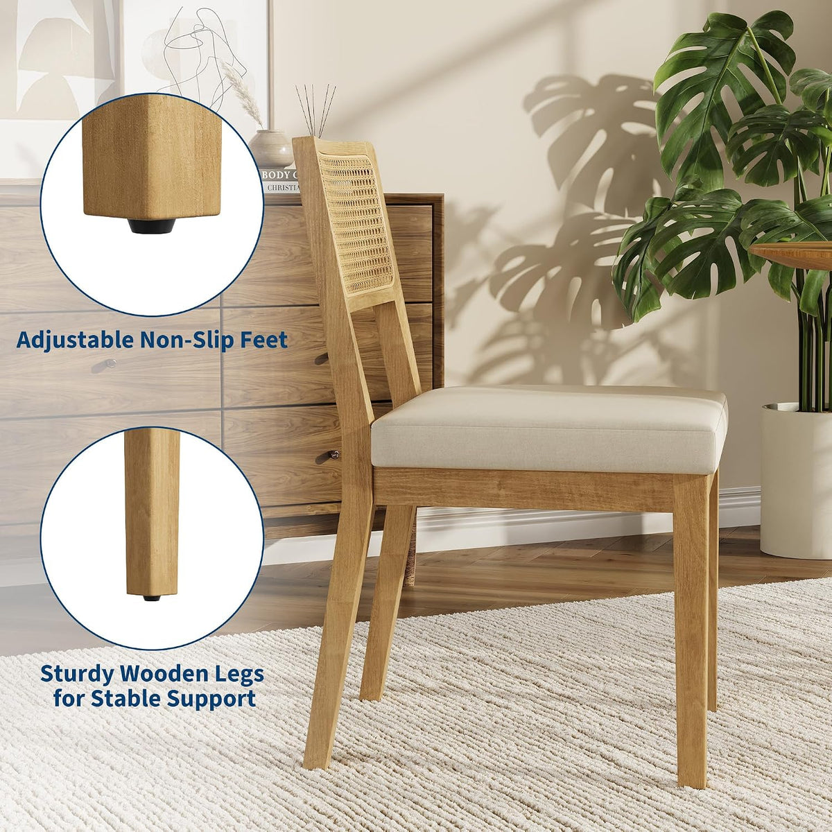 Garvee Rattan Dining Chairs Set of 2, French Country Upholstered Dining Chairs Wood Frame, Rattan Backrest, Armless Chair for Kitchen Restaurant Dining Room Bedroom, Linen, Natural