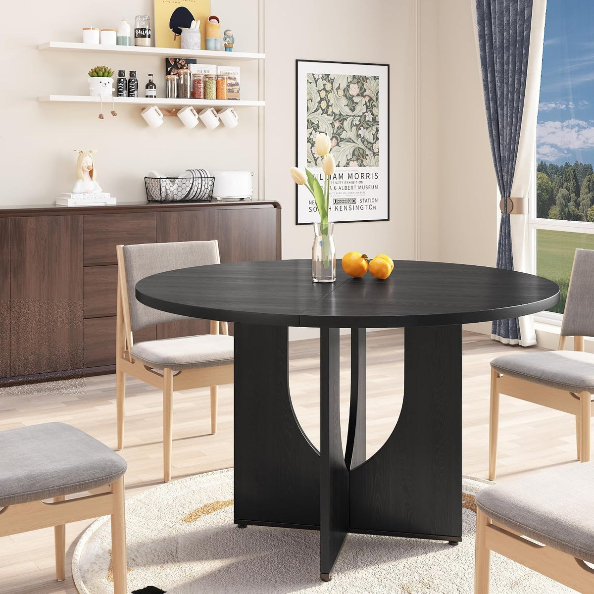 47 Inch Round Dining Table for 4-6, Modern Kitchen Table with Sturdy Wooden Pedestal Base, Dining Room Table, Circle Dining Table for Dining Room, Living Room, Cafe, Easy to Assemble - Black