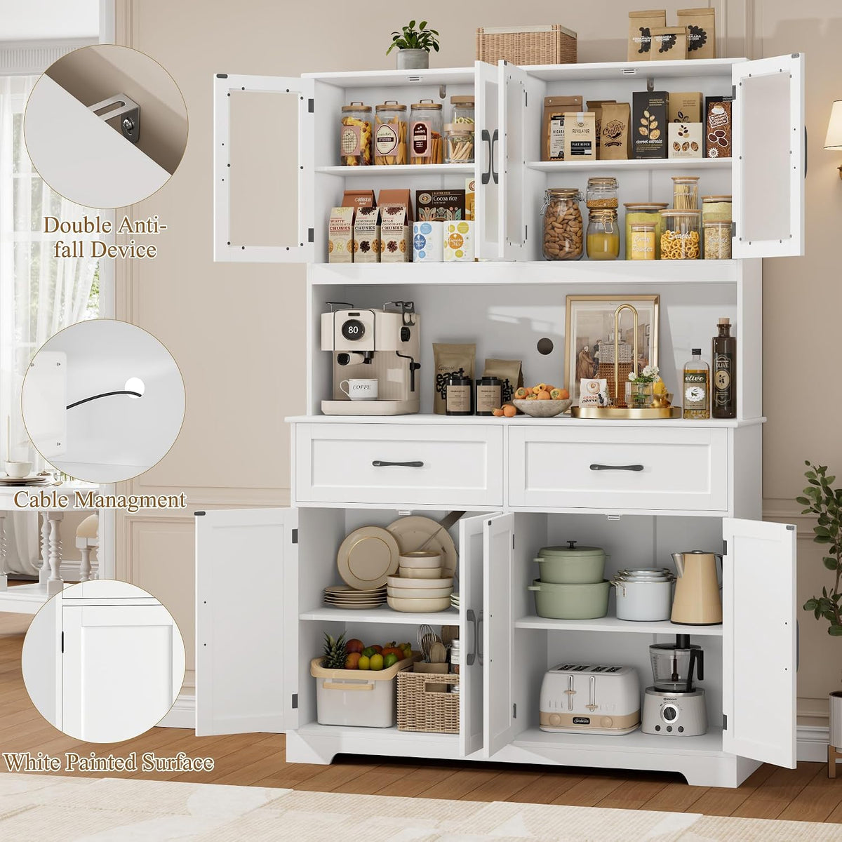 BOTLOG 71" Large Pantry Storage Cabinet with Microwave Stand | Tall Hutch Cabinet with Glass Doors 8 Storage Compartments for Dining Room, Modern White