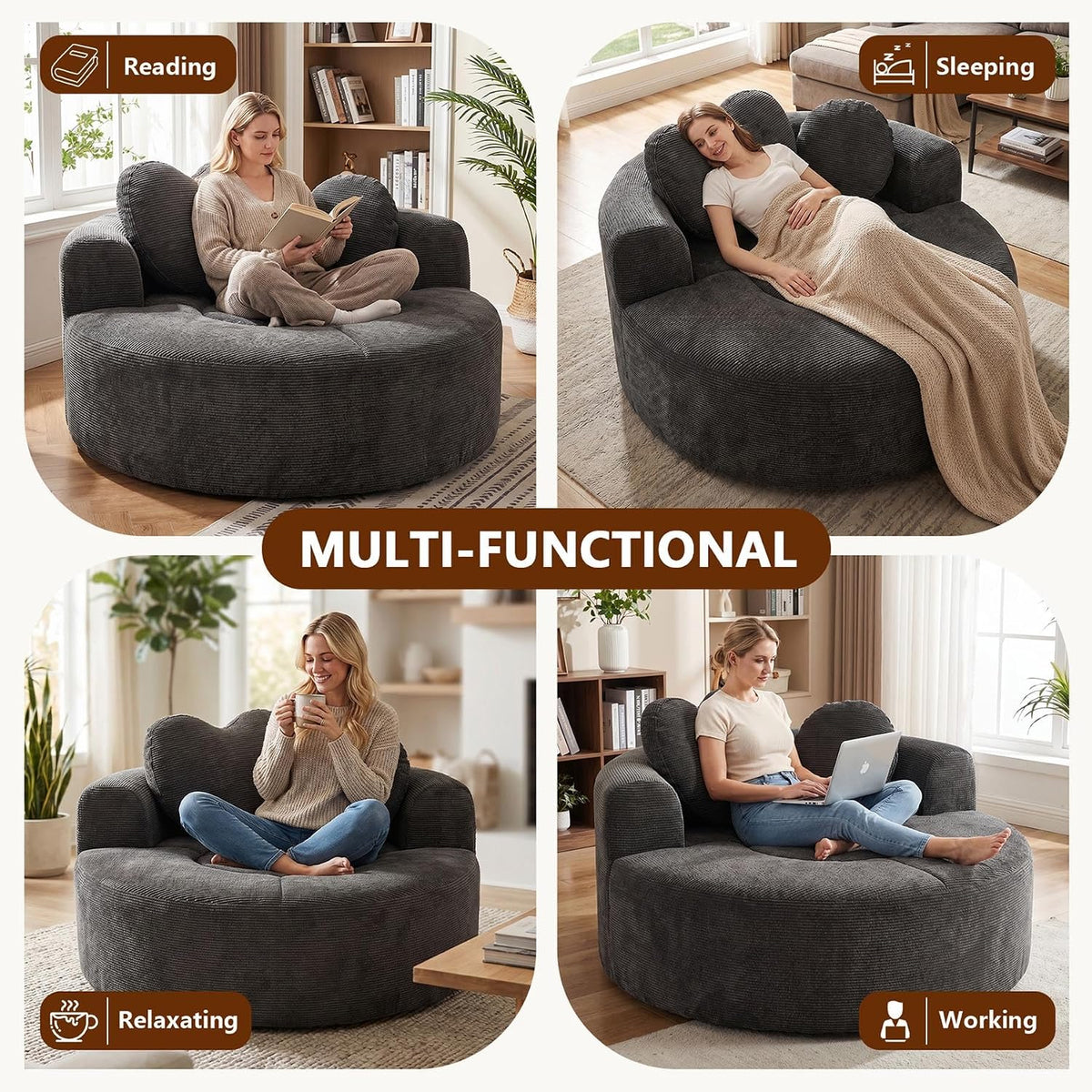 (New) Round Floor Chair Lounger Indoor, Circle Couch With 2 Pillows for Living Room, Cozy Cuddle Chair In a Box With Curved Armrest And Backrest, Heart Shaped, No Assambly Needed (Gray Black)