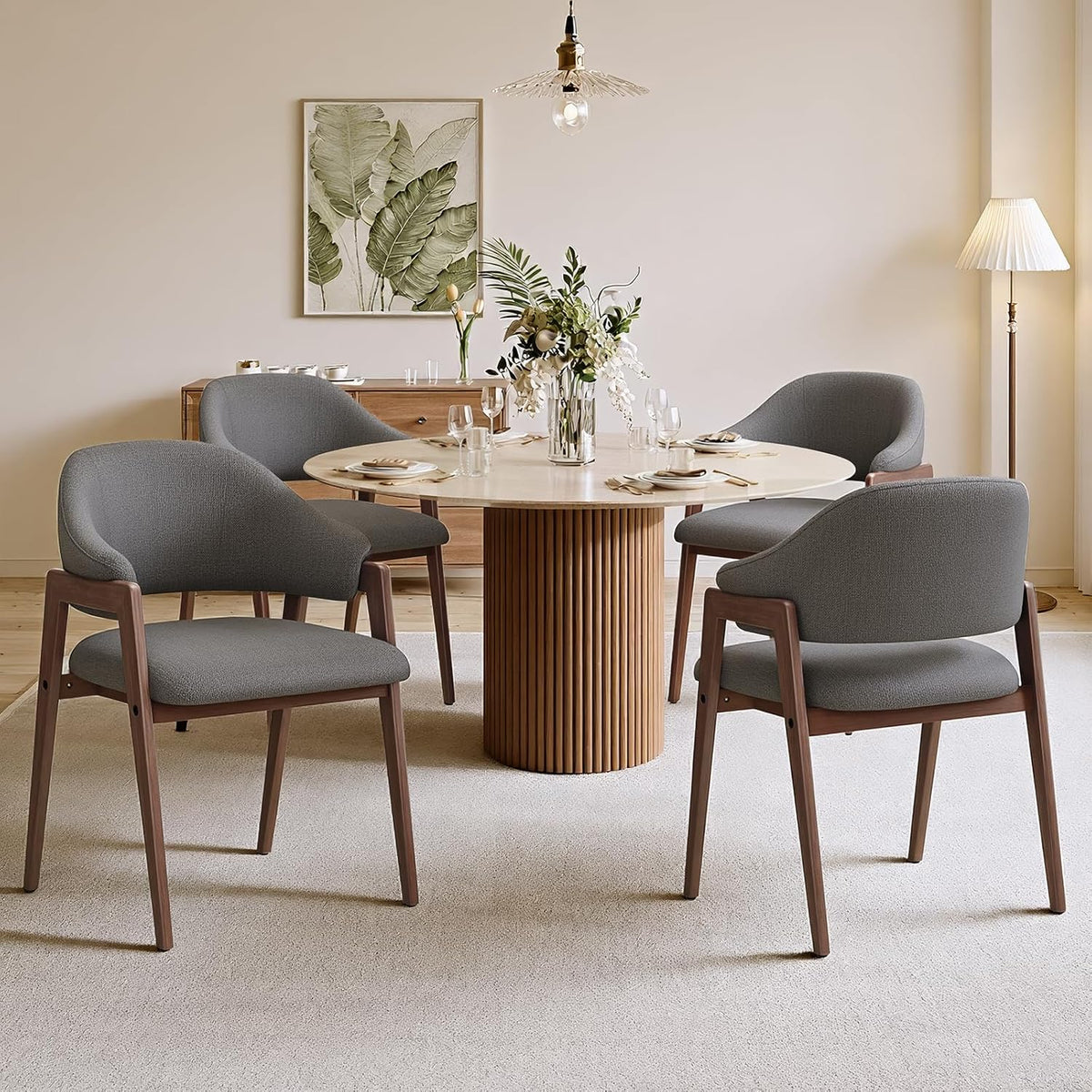 MALOL Wooden Dining Chairs Set of 4, Modern Fabric Upholstered Dining Room Chair, Kitchen Side Chairs, Farmhouse Dinner Chair with Curved Open Back for Kitchen, Grey