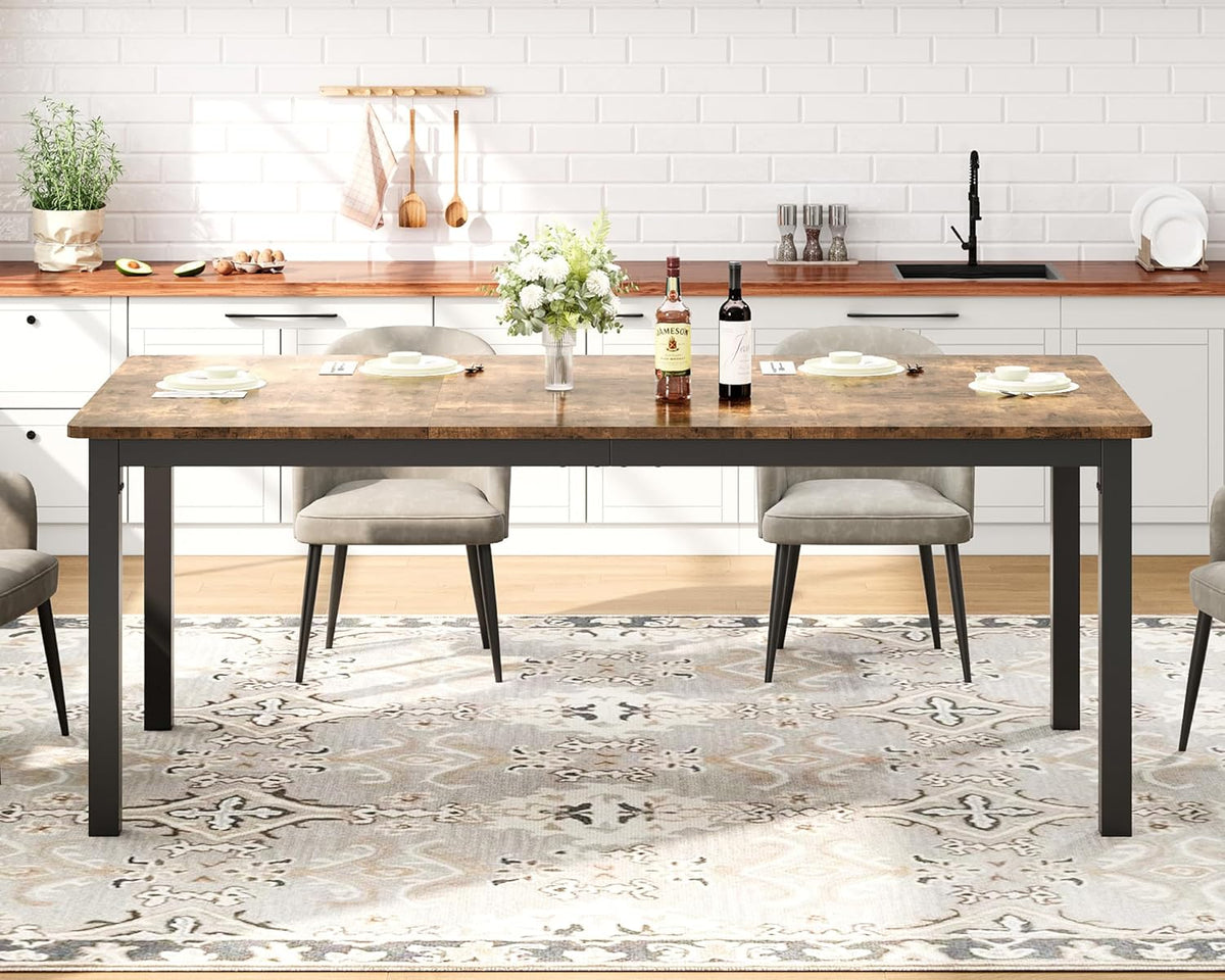 79 Inch Industrial Dining Table, Large Rectangle Kitchen Table with Metal Legs, Round Corners, Wooden Conference Tables Writing Desk for Dining Room, Living Room, Retro Brown
