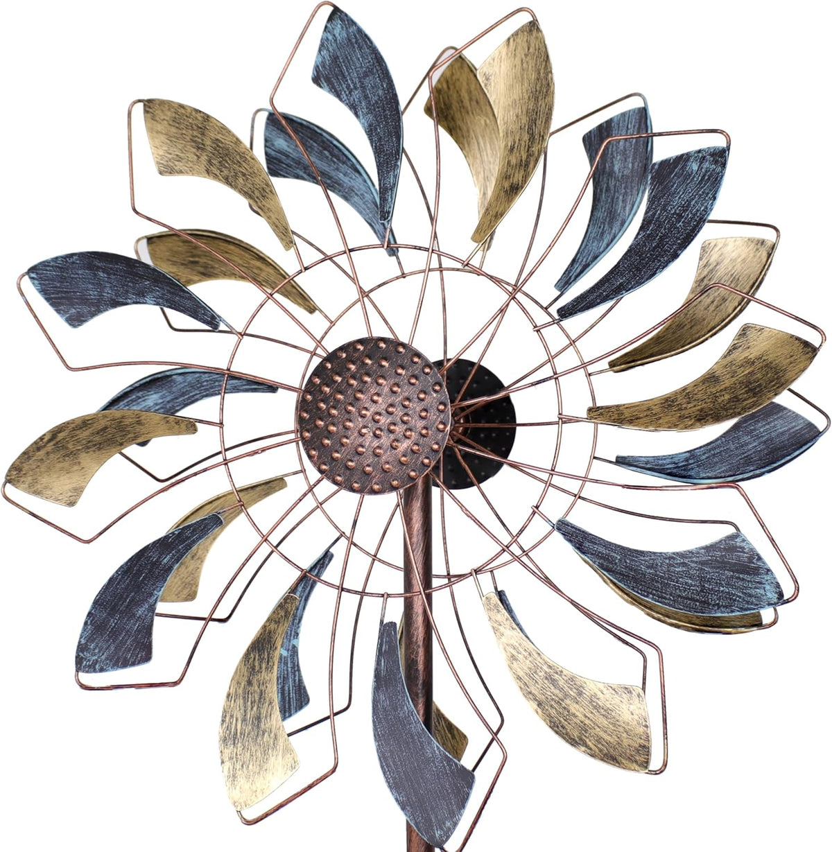 Sunnydaze Metallic Pinwheel Metal Garden Wind Spinner - Removable Pole Sections for Adjustable Height - Dual-Motion Blades - 84.5" H