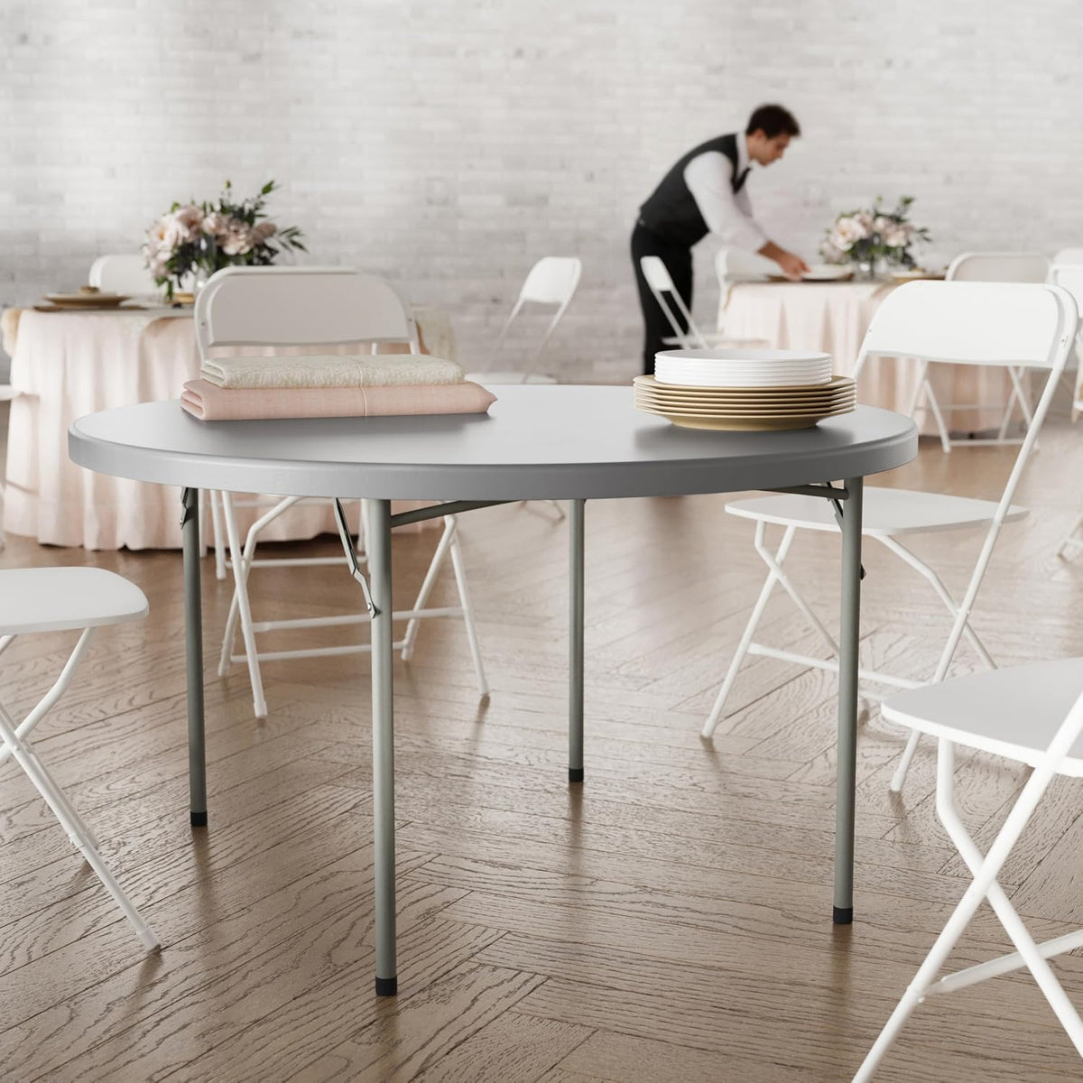 Flash Furniture 4 ft Plastic Round Folding Table, Dark Gray | Durable Construction, Commercial Use