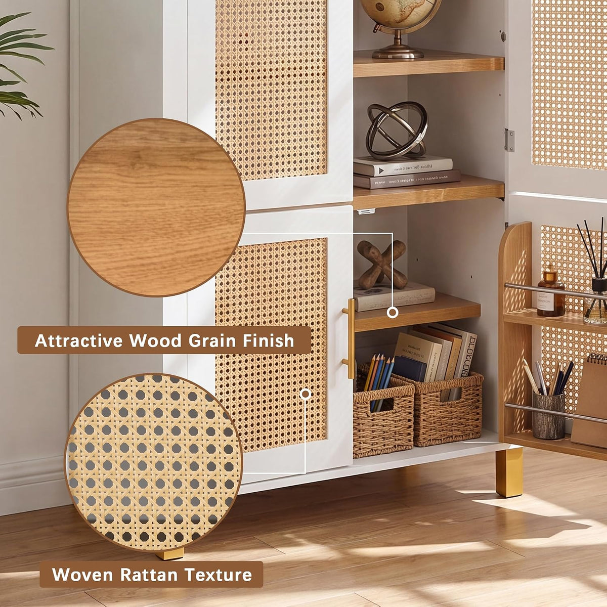 71" Tall Arched Cabinet with Rattan Doors & Adjustable Shelves, White | 4-Door Modern Farmhouse Storage Cabinet with Built-in Racks – Versatile Organizer for Kitchen, Dining Room, Study, Sturdy MDF