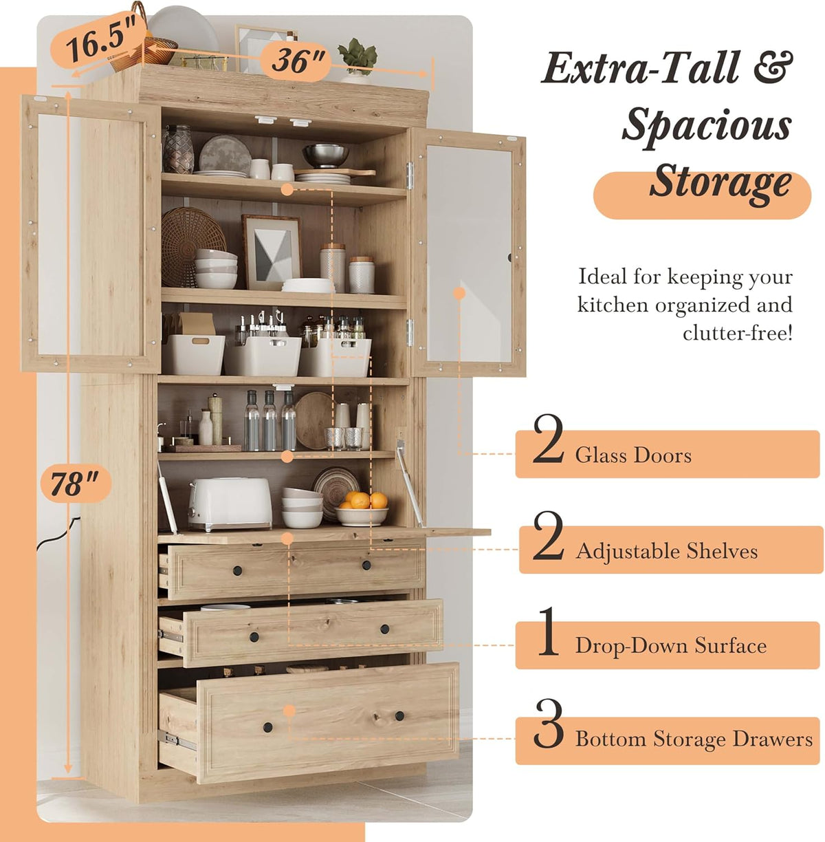 78” Kitchen Cabinet Pantry, Food Storage Cabinet with 3 Drawers, Adjustable Shelves & Power Outlet, Food Pantry for Kitchen Dining Room, Easy Assembly (Natural)
