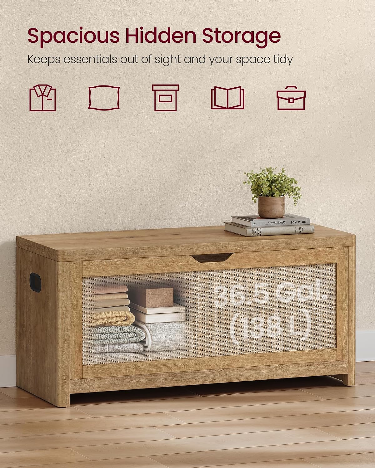 VASAGLE Boho Storage Bench with Rattan Look, Rounded Corners | Blanket Chest and Trunk with Seat for Bedroom Entryway, Natural Brown, ELLAN Collection ULSB503KC01