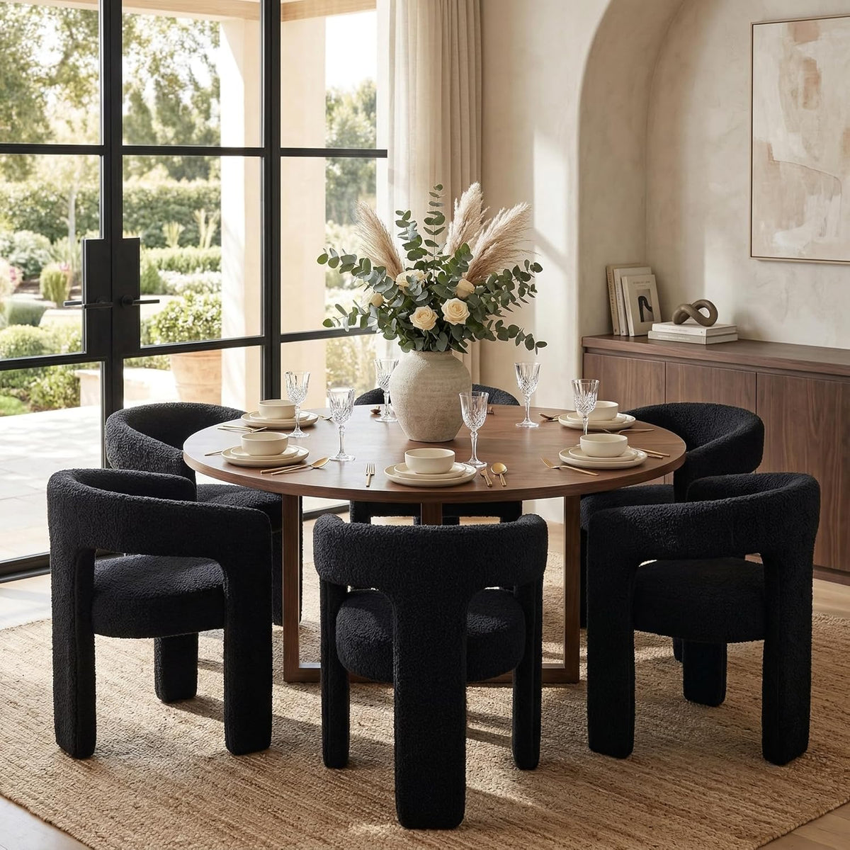 HNY Modern Barrel Kitchen & Dining Room Chairs Set of 6, Sherpa Upholstered Accent Chairs with Arm, 18.5'' Wide Side Armchairs Vanity Chairs for Living Room Bedroom Makeup Small Spaces, Black