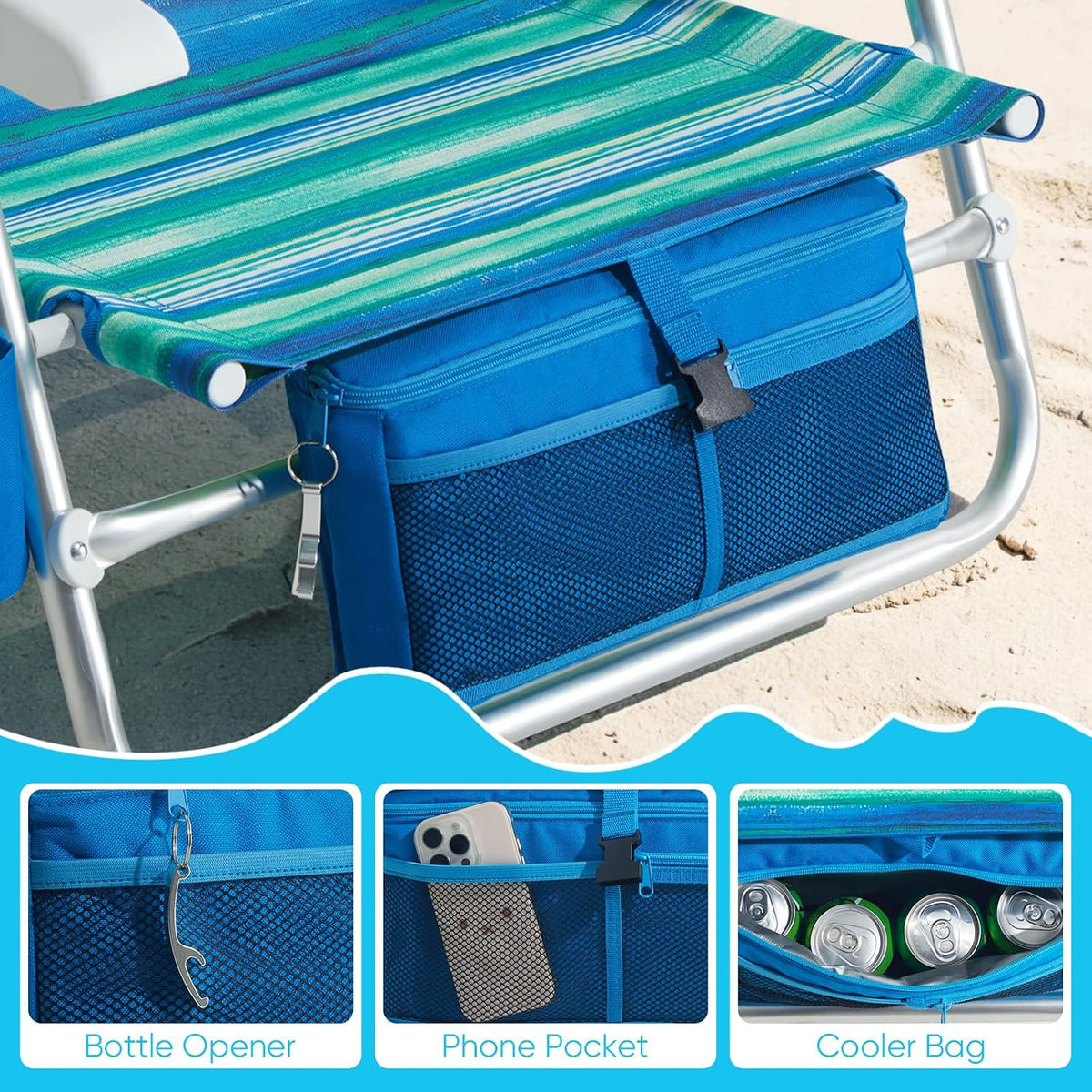 Old Bahama Bay Beach Chairs for Adults, 7-Position Classic Lay Flat Beach Chair Reclining Beach Chair, Portable Aluminum Backpack Beach Chair with Towel Bar & Cooler Bag